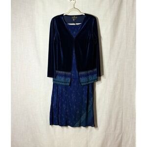 Vintage Carole Little Petite 2PC Blue Velvet Cardigan & Skirt Set Open Front 12P